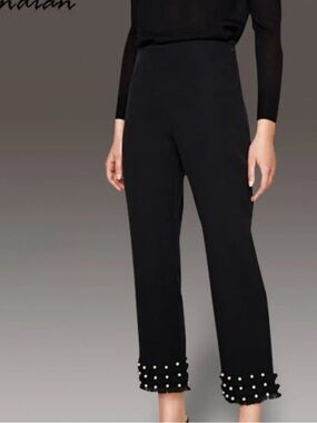 Zara Black Cropped Pants with Pearl-Trim Hem